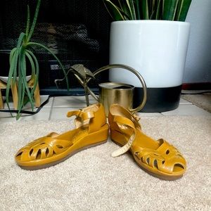 FINAL PRICE DROP Vintage style RE-MIX mustard yellow wedge sandals